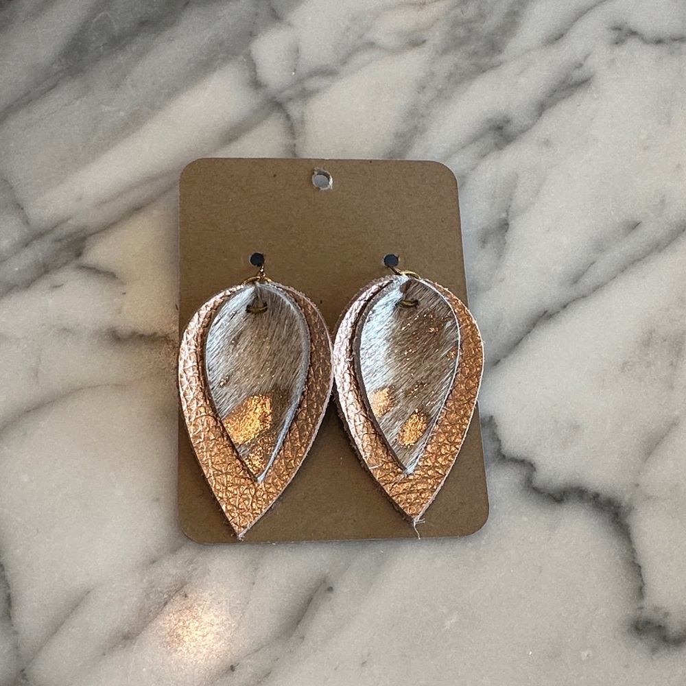 Leather Rose gold double Earrings with hair on hide